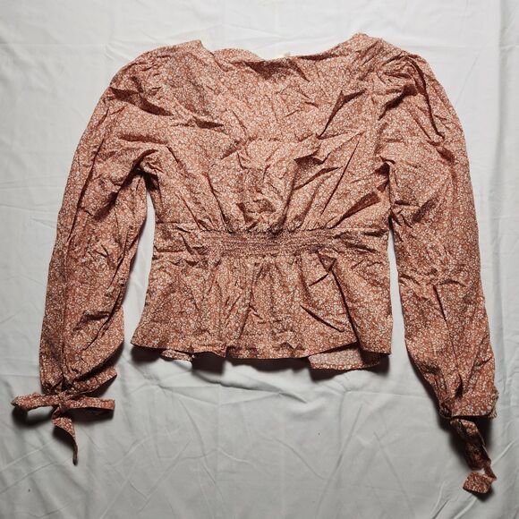 Free People Womens Medium Sienna Floral Blouse Tie Sleeves Orange Boho - Picture 2 of 12